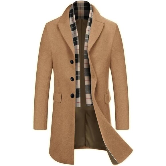 Men's Wool Blend Coat Detachable Plaid Scarf Notched Collar Pea Coat Coffee
